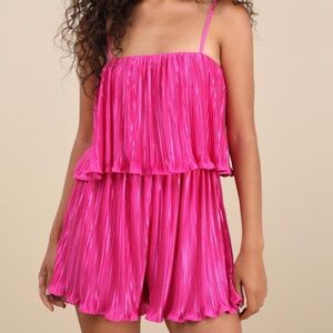 Lulus Fun Flirt Hot Pink Satin Plisse Sleeveless Romper - Size M